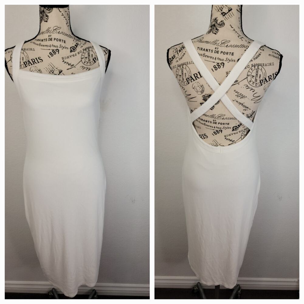 Privacy Please Ribbed Knit Midi Dress SZ M CrissCross Open Back Stretch White